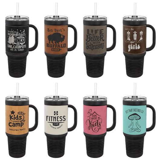 40 oz. Black Laserable Leatherette Travel Mug with Straw Sample Set